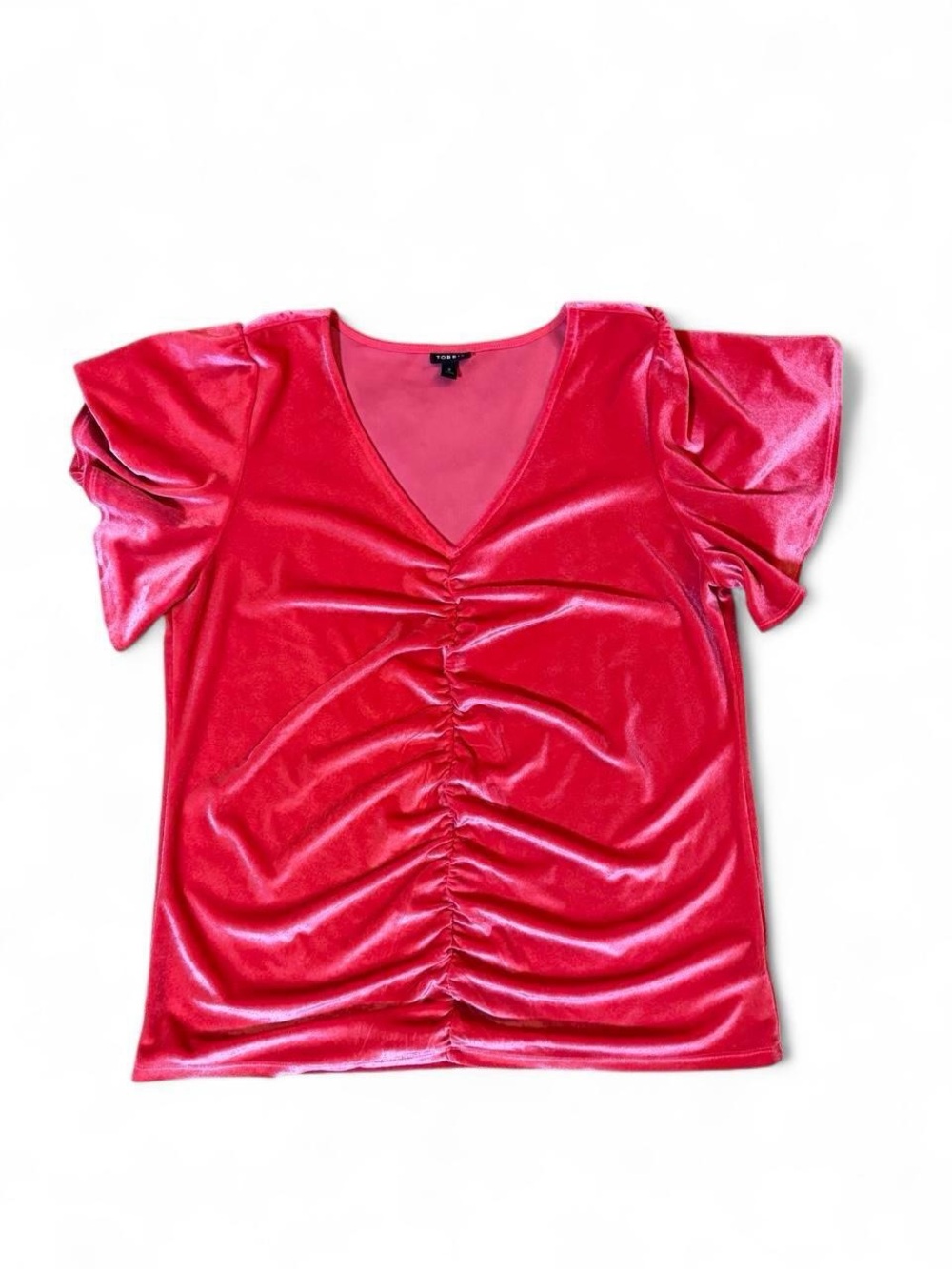 torrid Pink Velvet Ruched V-Neck Short Sleeve Top